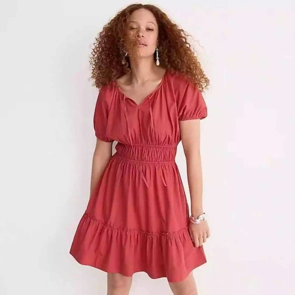 NWT J. Crew Poplin Puff Sleeve Elastic Waist Dress S 4 6 BK946 Cotton Tie Rust‎